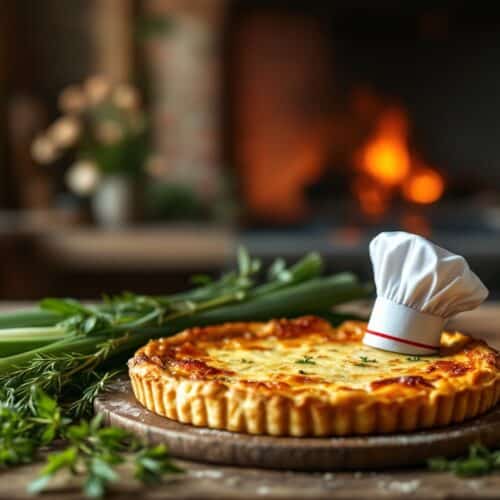Quiche aux poireaux et herbes, toque de chef.