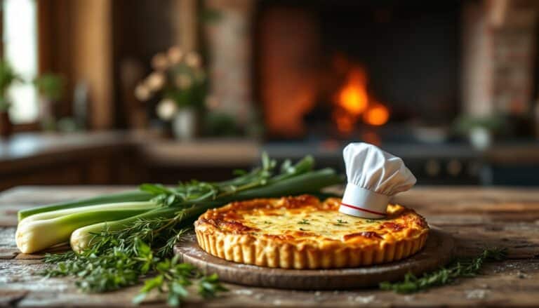 Quiche aux poireaux et herbes, toque de chef.