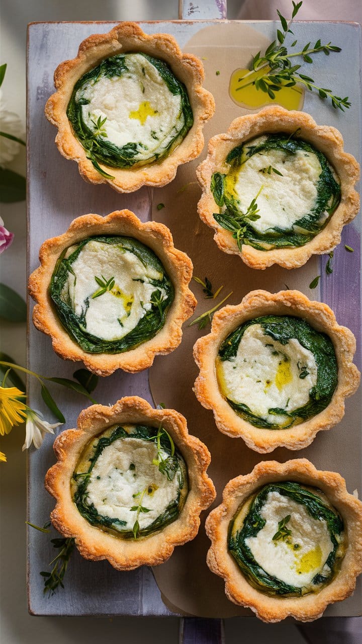 Tartelettes épinards et fromage sur planche rustique.