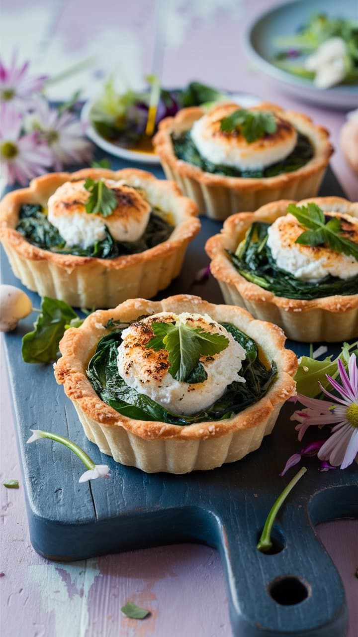 Tartelettes épinards et fromage de chèvre sur planche.