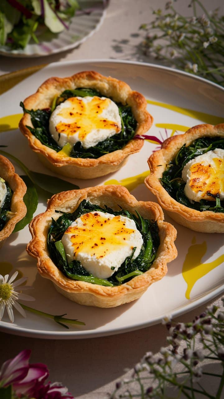 Tartelettes épinards fromage de chèvre sur assiette.