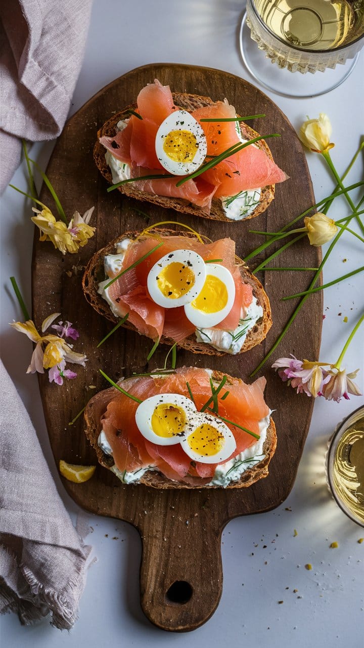 Tartines saumon et œuf sur planche avec fleurs.