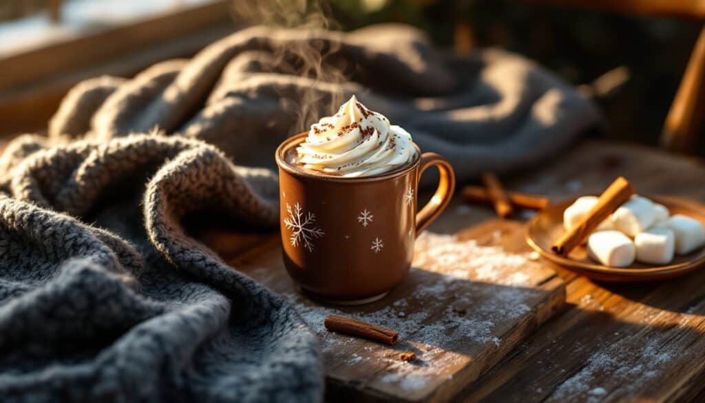 Chocolat chaud avec crème et cannelle.