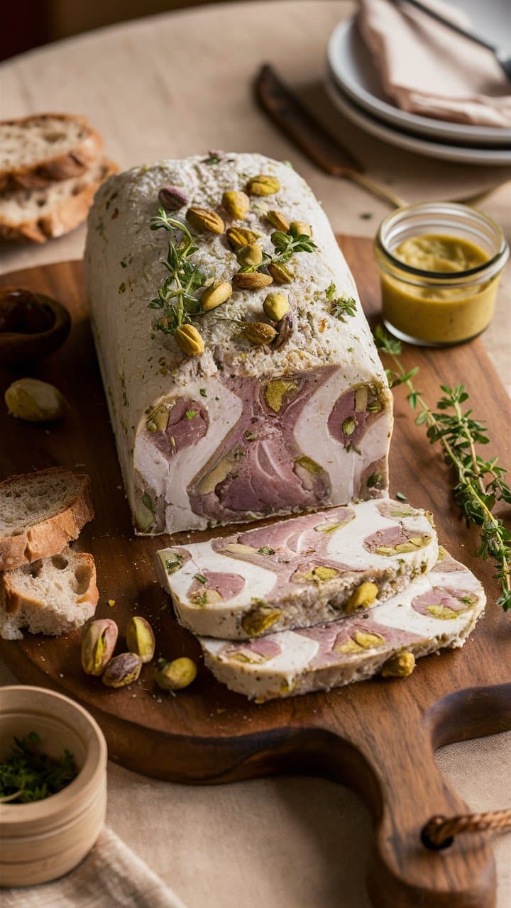 Terrine de viande aux pistaches sur planche en bois.