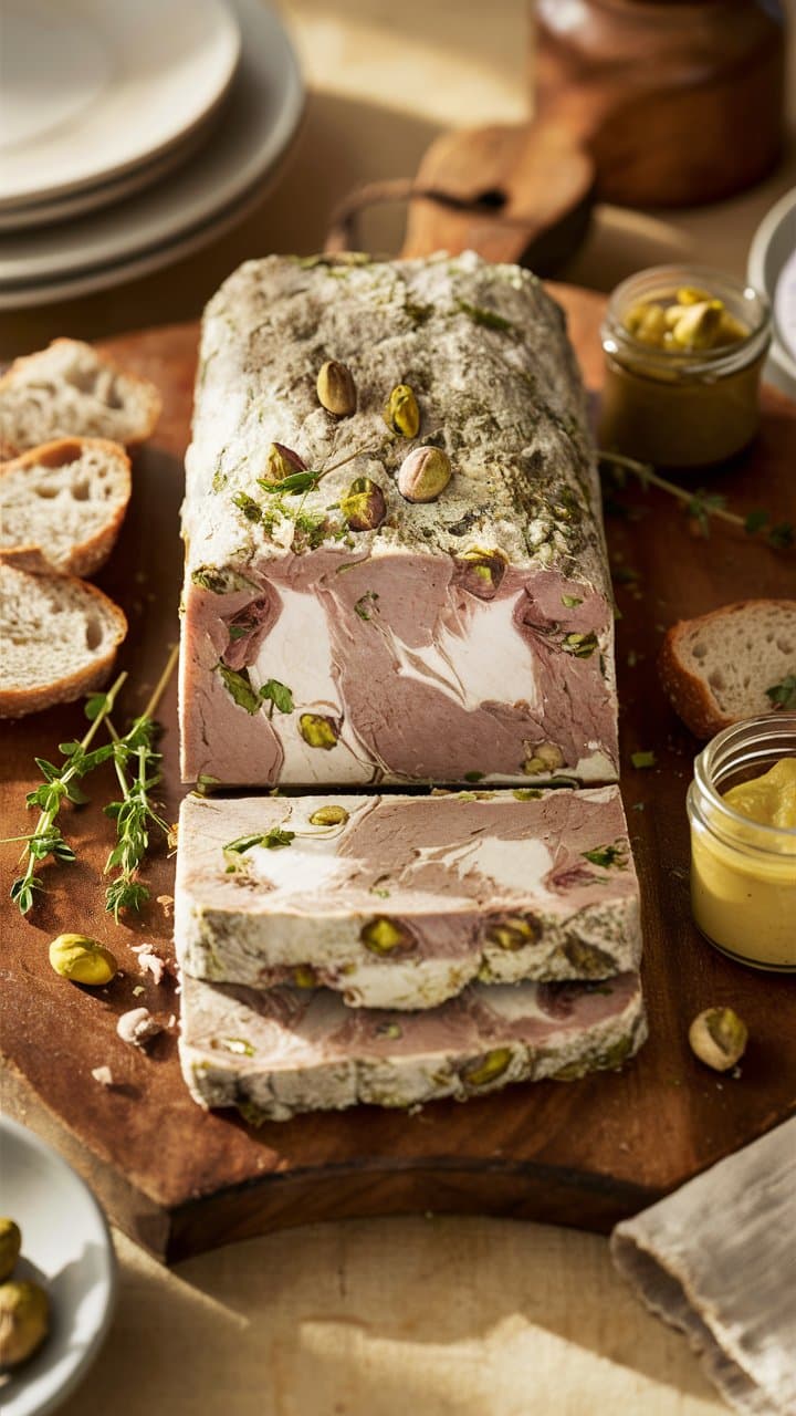 Terrine garnie de pistaches avec pain rustique.