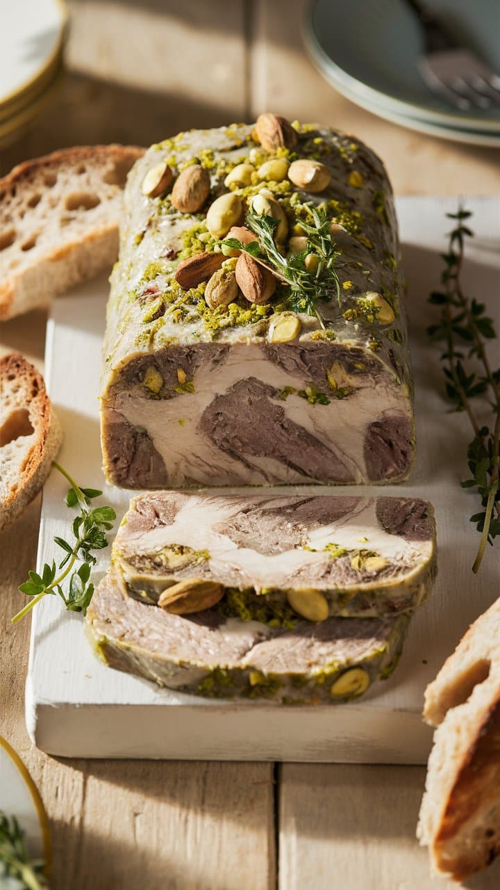 Terrine de viande aux pistaches sur planche.