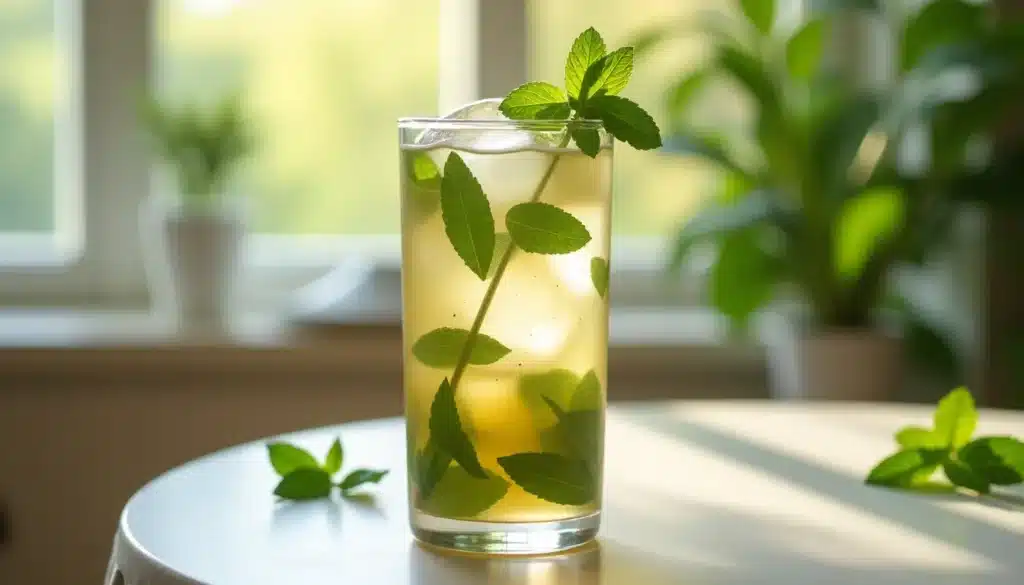 Verre de thé glacé à la menthe sur table.