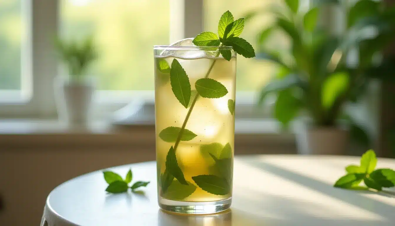 Verre de thé glacé à la menthe sur table.