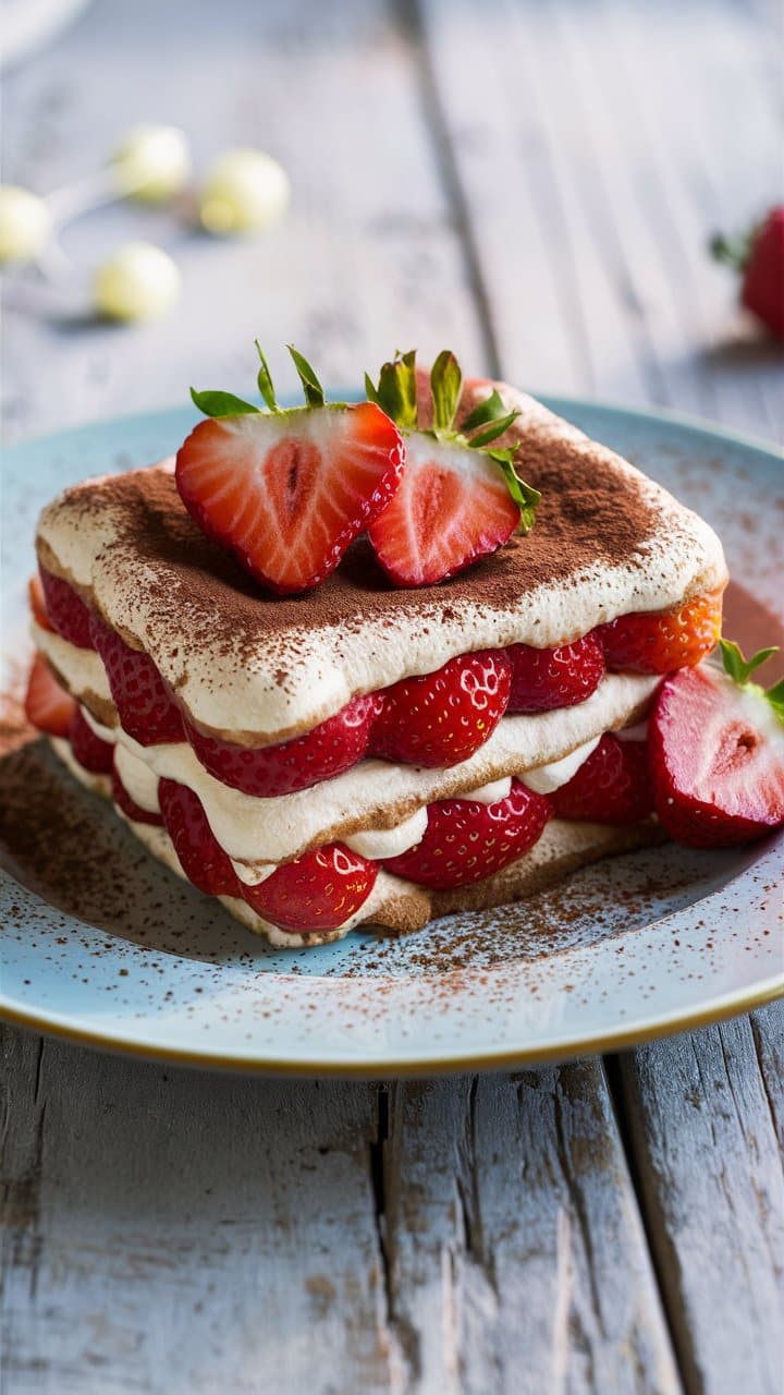 Gâteau aux fraises et crème sur assiette bleue.