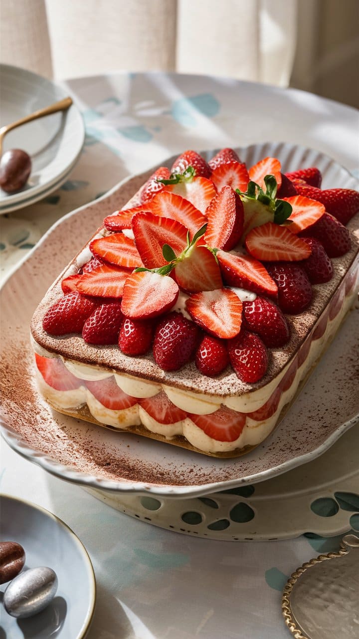 Gâteau à la fraise sur assiette décorative.