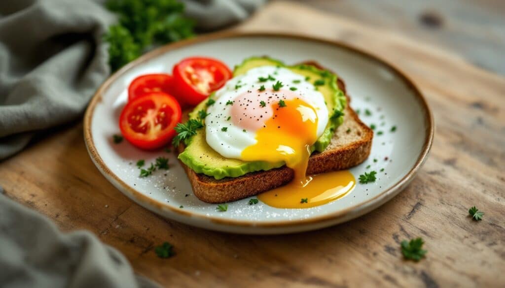 Toast avocat, œuf poché et tomates cerises.