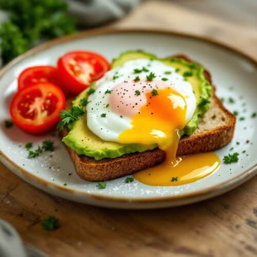 Toast avocat, œuf poché et tomates cerises.