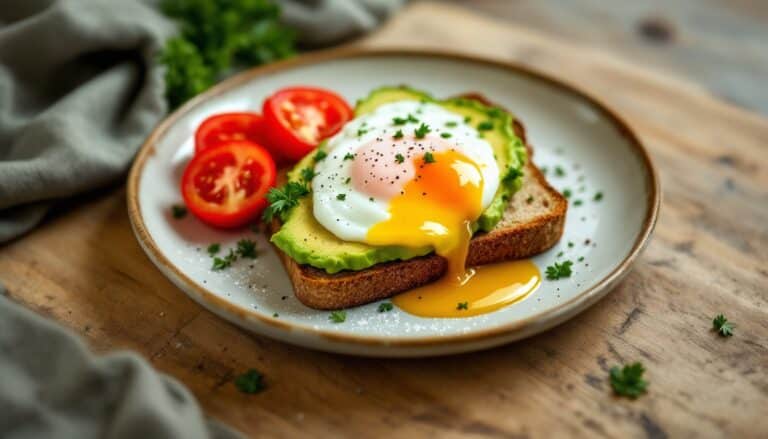 Toast avocat, œuf poché et tomates cerises.