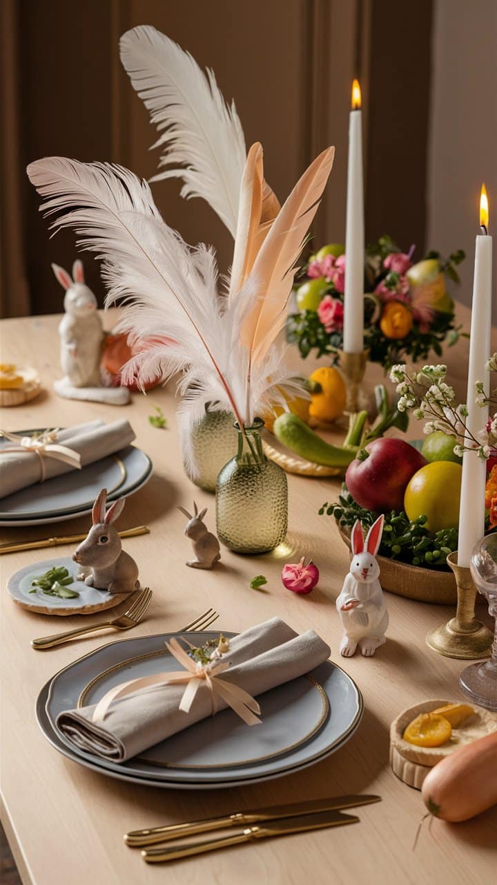 Table décorée avec lapins et fruits.