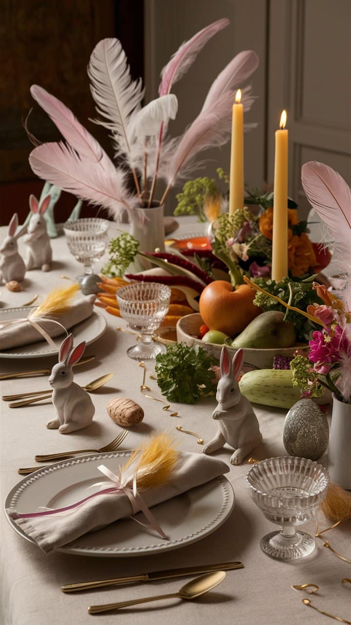 Table décorée avec bougies et figurines de lapins.