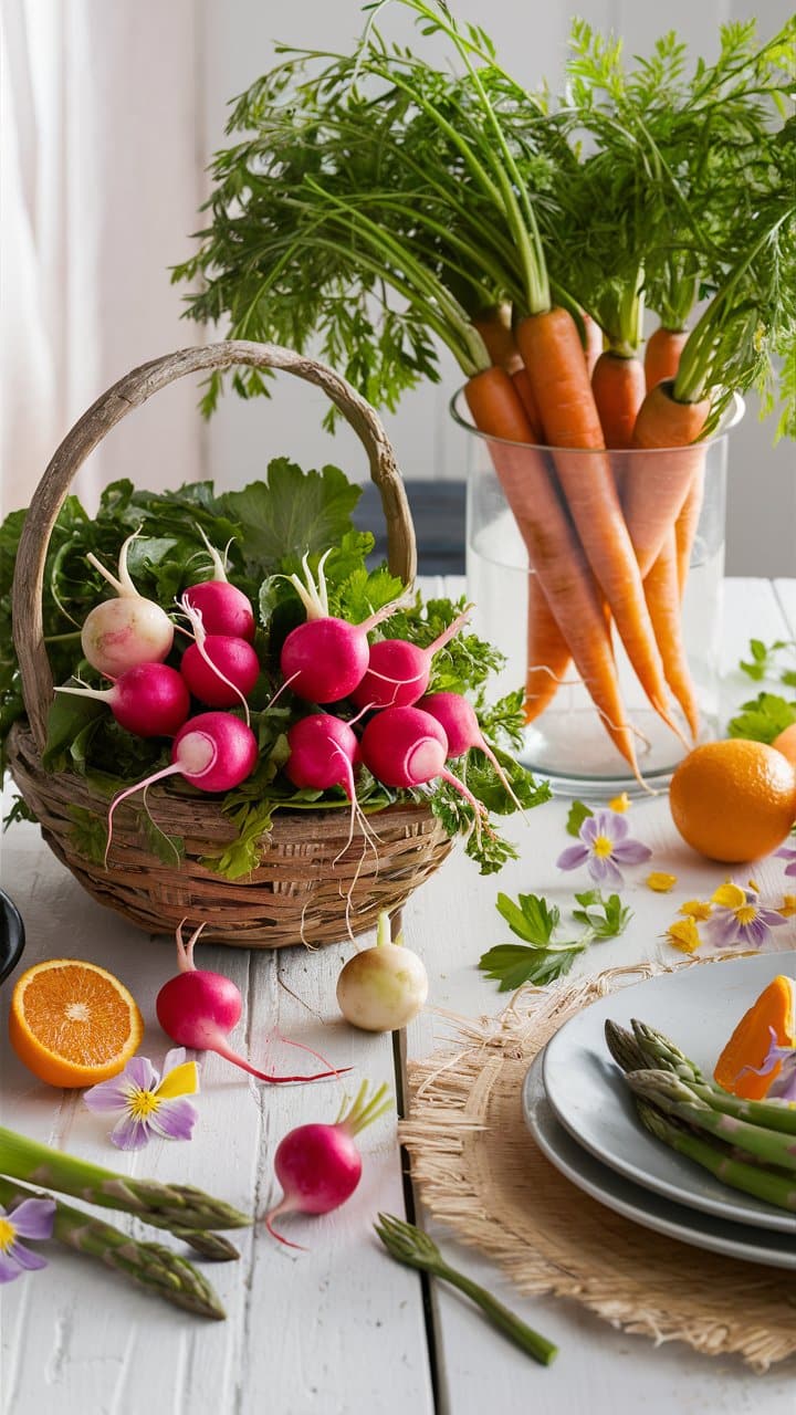 Corbeille de radis et carottes sur table.