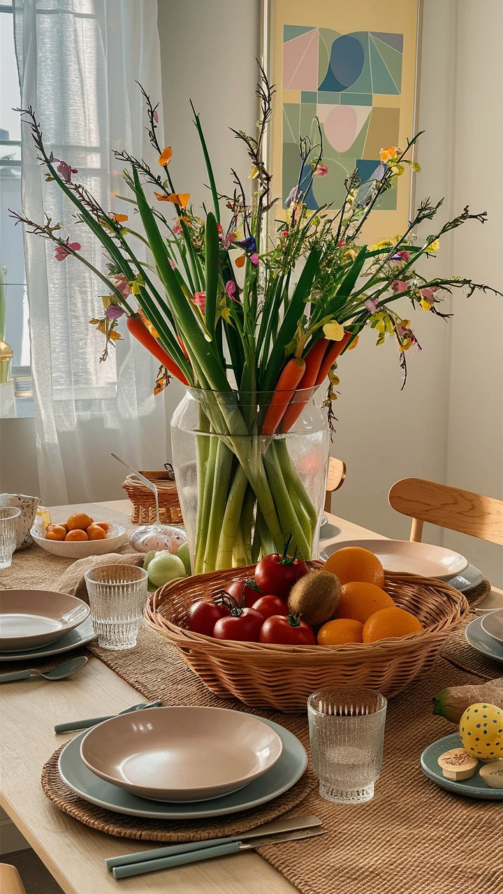Table décorée avec fruits et vase fleuri.