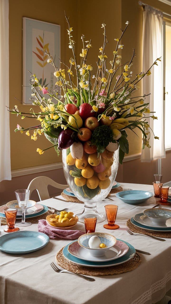 Table décorée avec fruits et vaisselle colorée