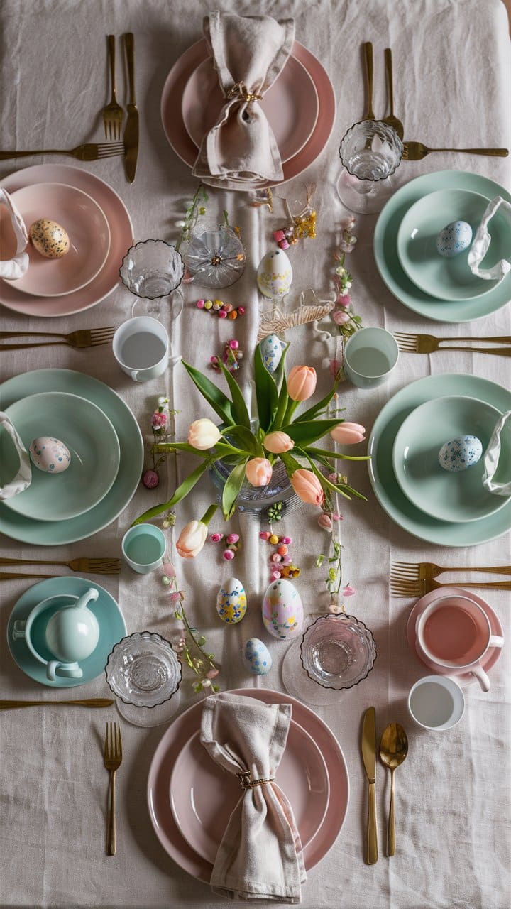 Table décorée avec œufs et fleurs, ambiance de Pâques.
