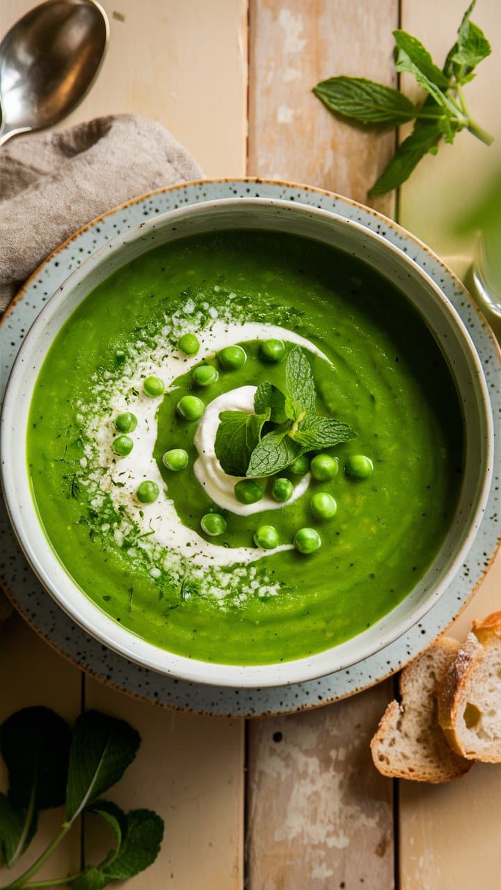 Soupe de pois verts avec menthe et crème.