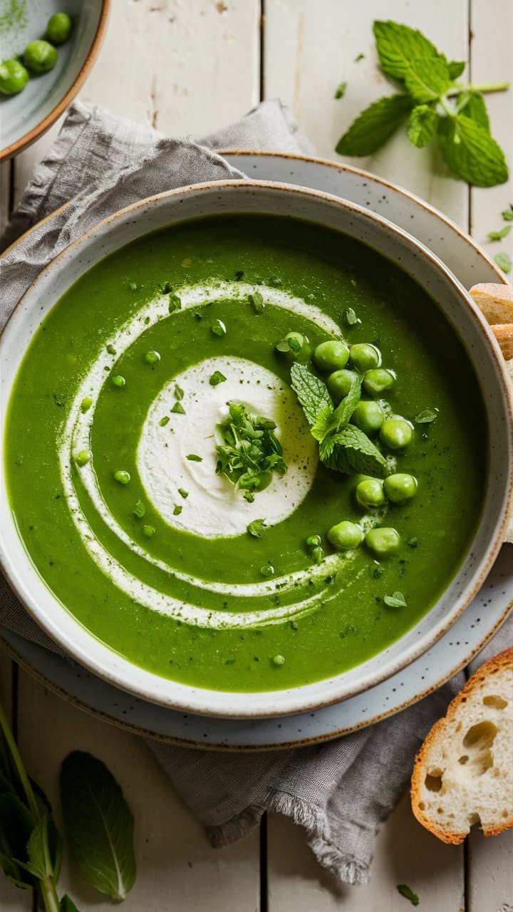 Soupe verte avec pois et menthe.
