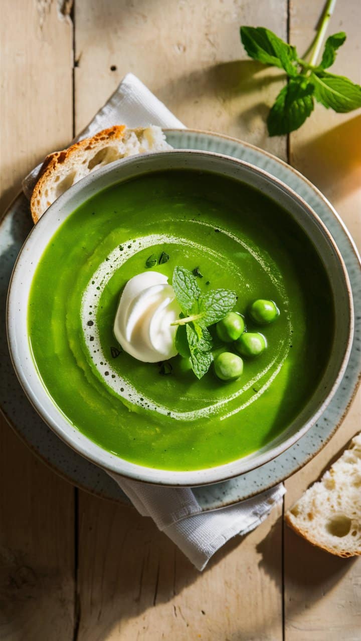 Soupe verte avec crème et menthe fraîche
