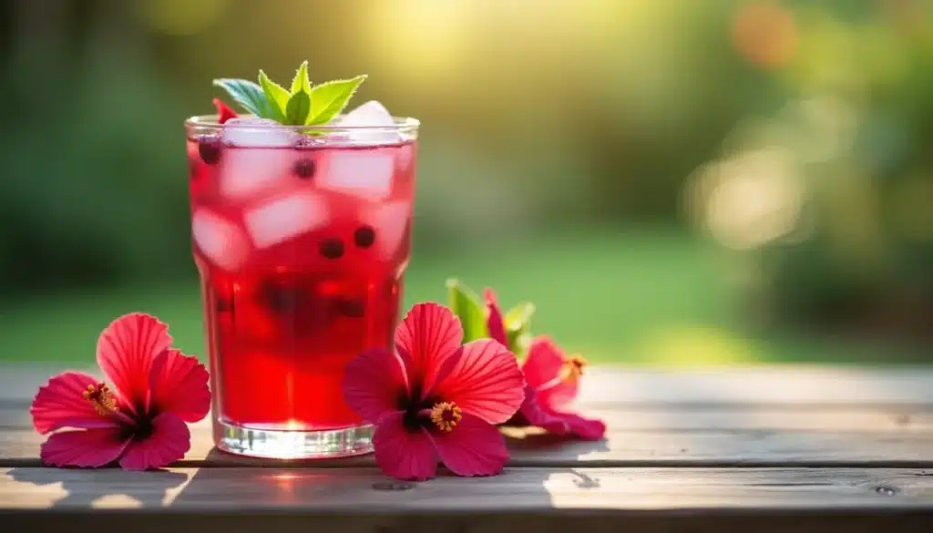 Cocktail rouge glacé avec fleurs d'hibiscus