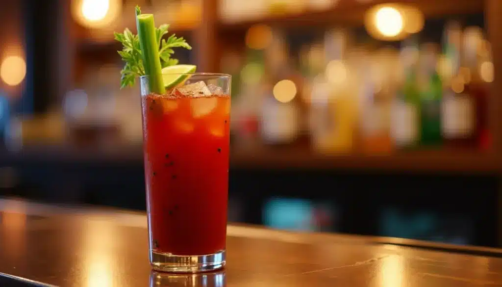 Cocktail rouge avec céleri sur bar.