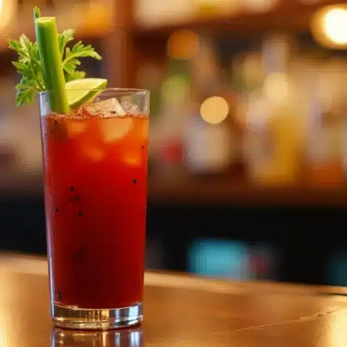 Cocktail rouge avec céleri sur bar.