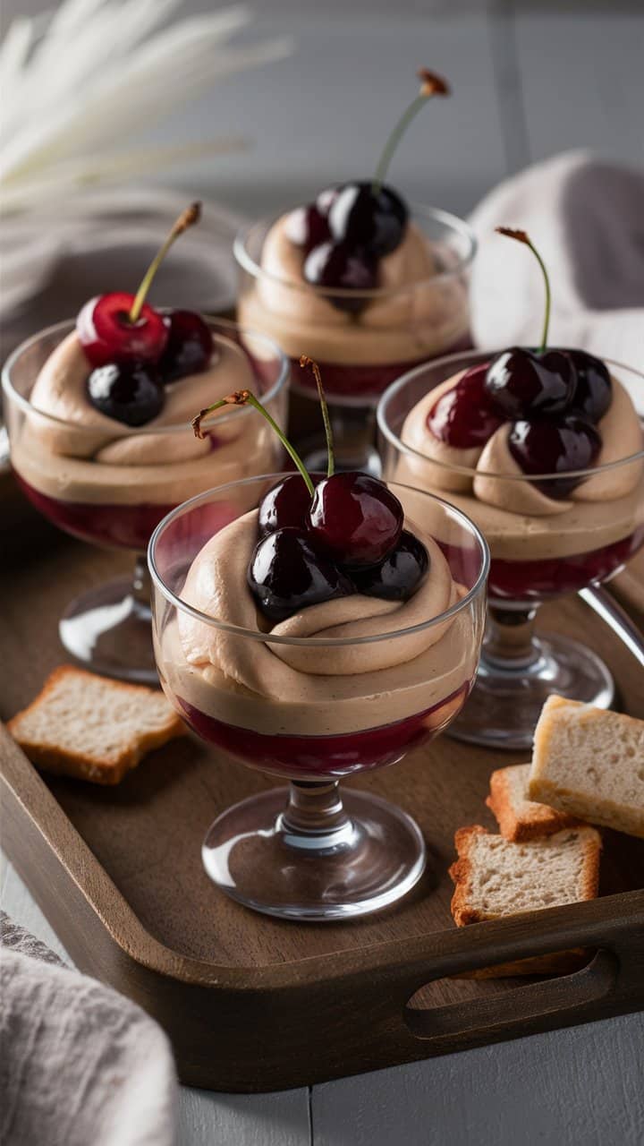 Verrines dessert cerises et mousse chocolat.