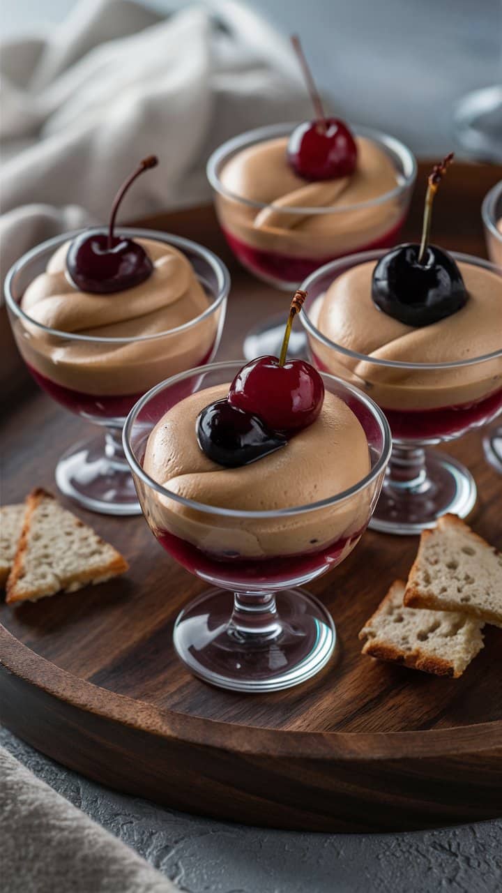 Coupes dessert avec mousse et cerises.