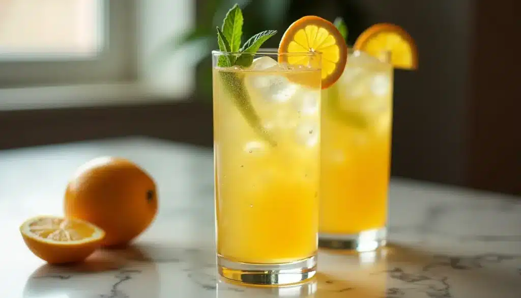 Deux cocktails d'orange glacés sur table.