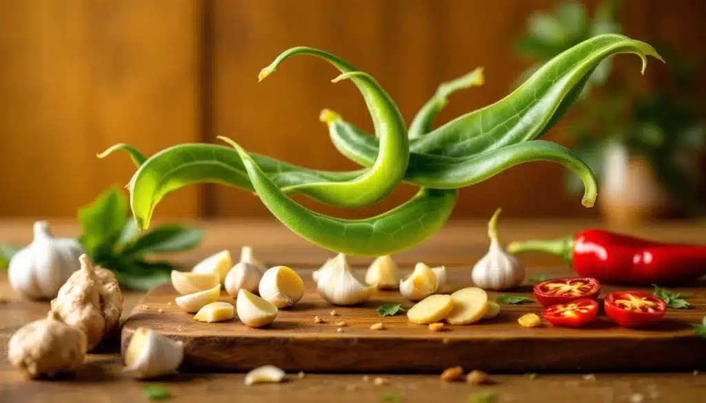 Ingrédients cuisine épices légumes sur table en bois.
