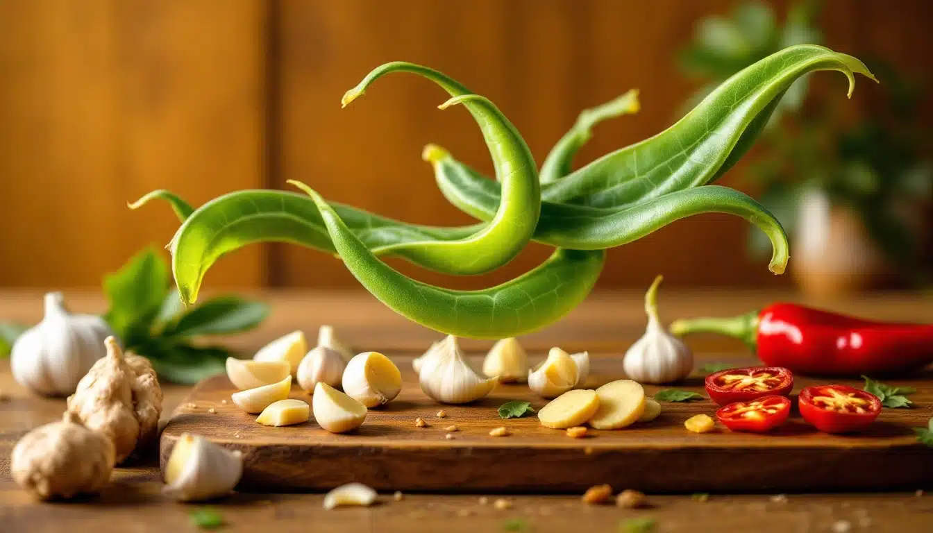 Ingrédients cuisine épices légumes sur table en bois.