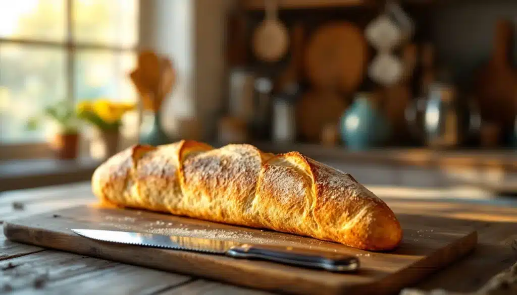 Baguette fraîche sur planche en bois, soleil matinal.