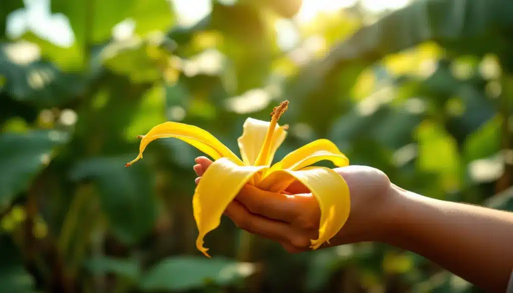 Mains tenant une fleur jaune au soleil.
