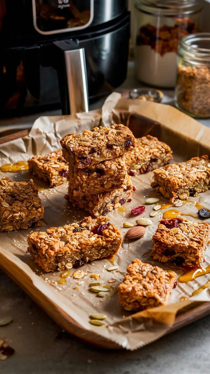 Barres de céréales maison sur papier cuisson.