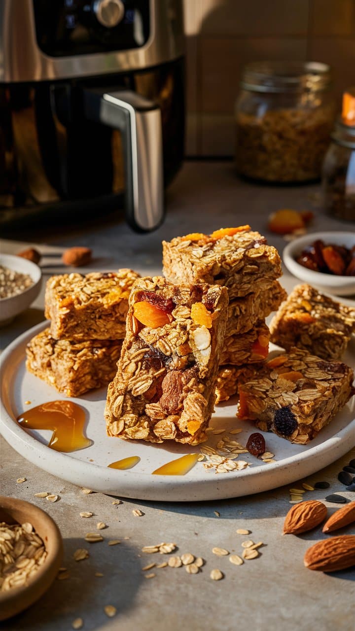 Barres granola aux fruits secs sur assiette.