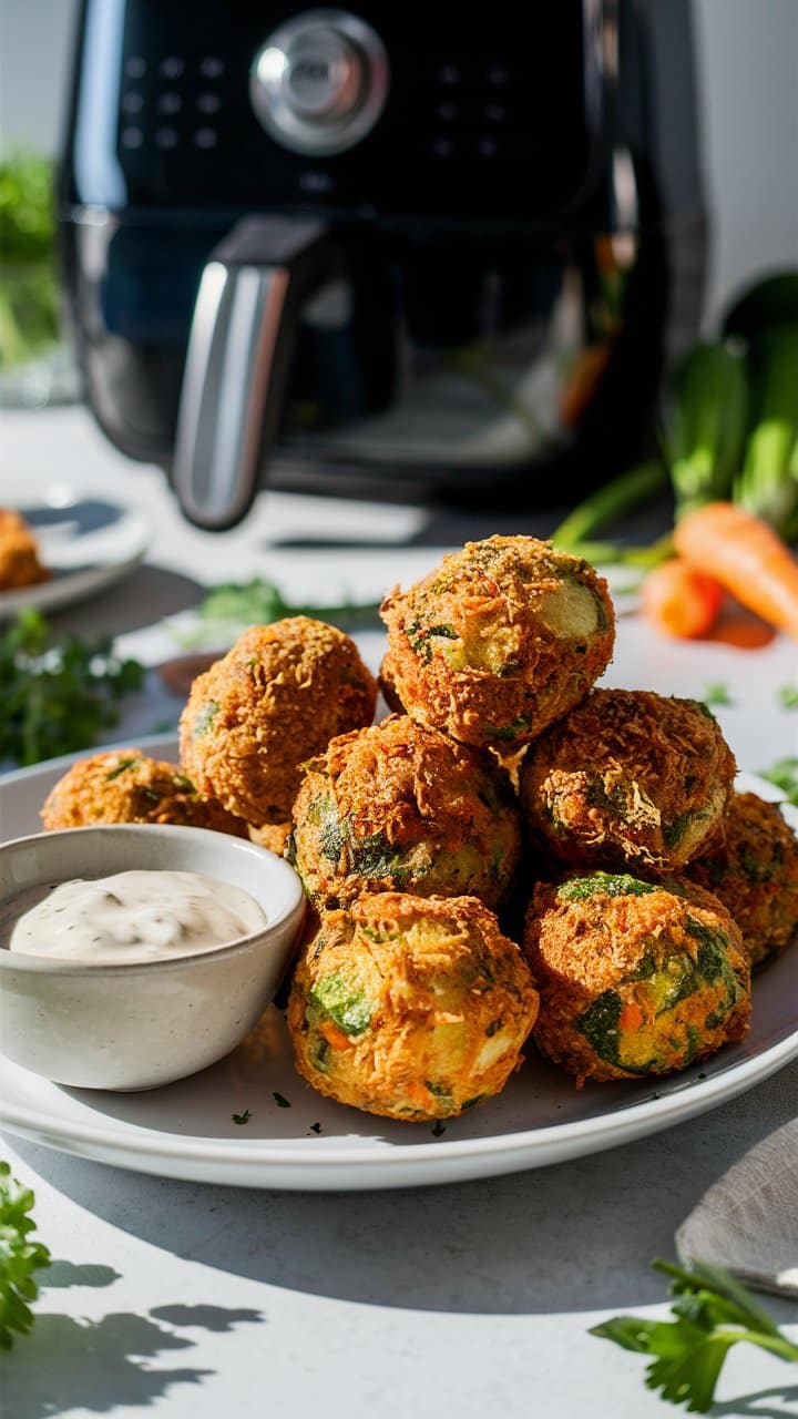 Boulettes légumes dorées avec sauce, friteuse en arrière-plan.