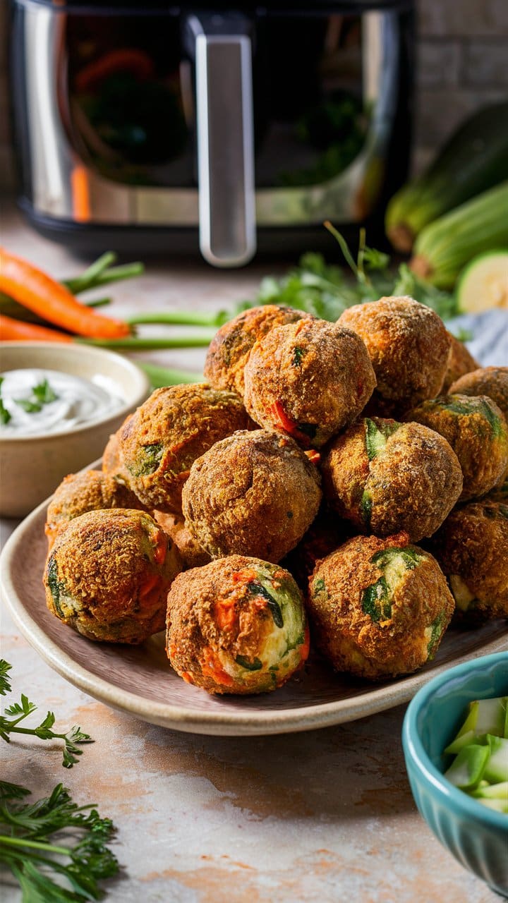 Boules de légumes grillées, assiette blanche, plateau en arrière-plan.