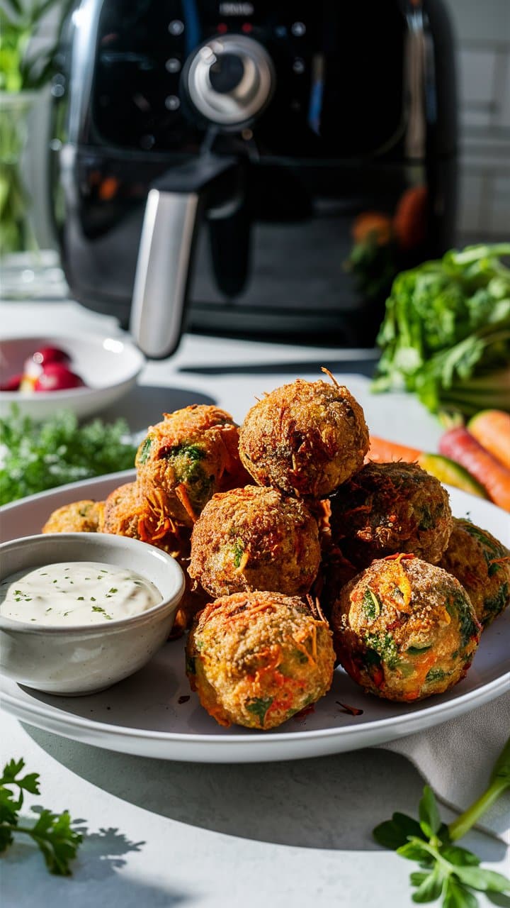 Boules de légumes croustillantes avec sauce.