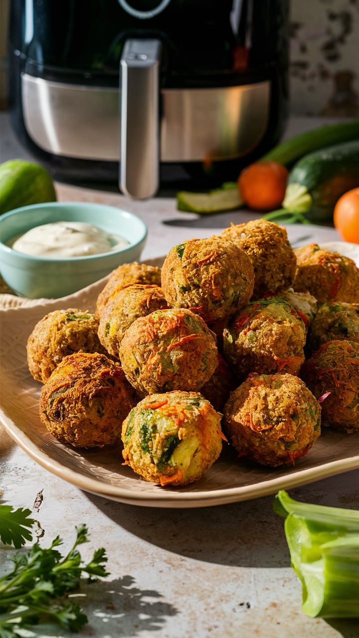 Boulettes de légumes croustillantes avec sauce, friteuse derrière.