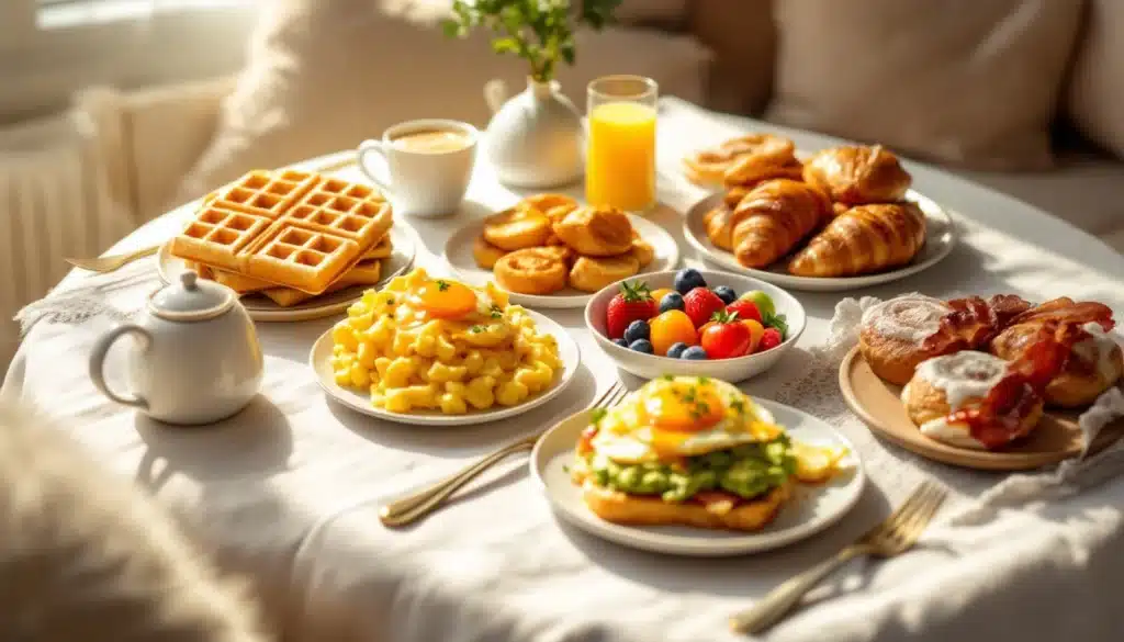 Petit-déjeuner varié avec viennoiseries et fruits.