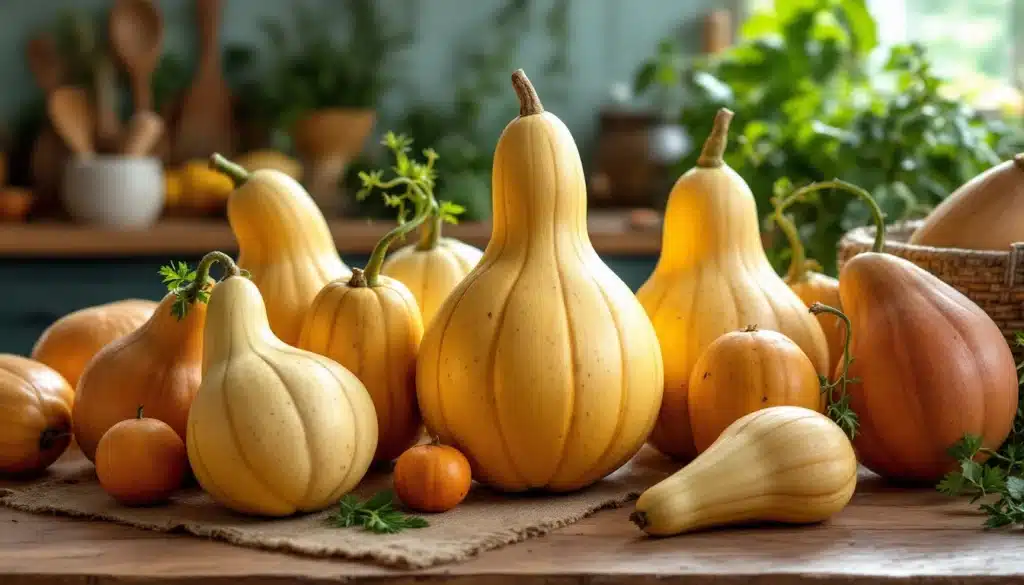 Diverses courges posées sur une table en bois.