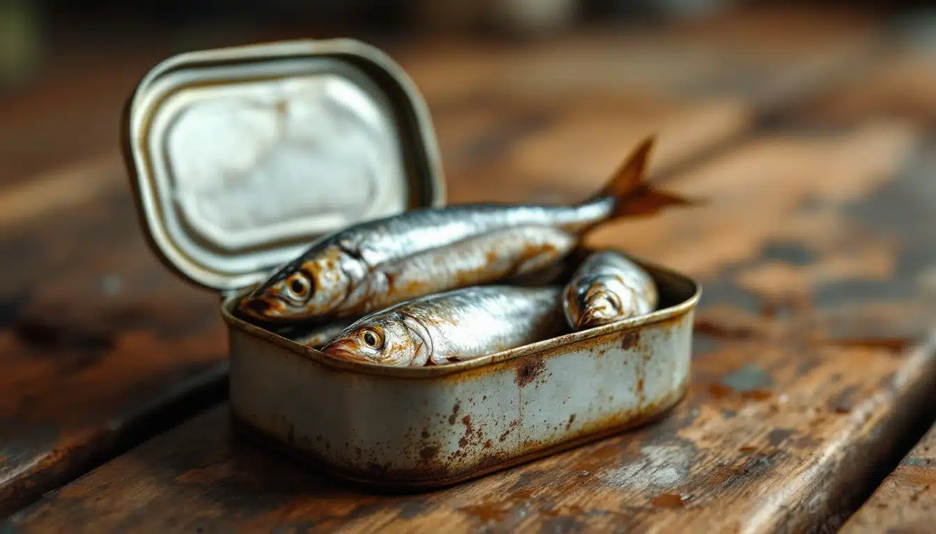 Trois sardines dans une boîte ouverte.