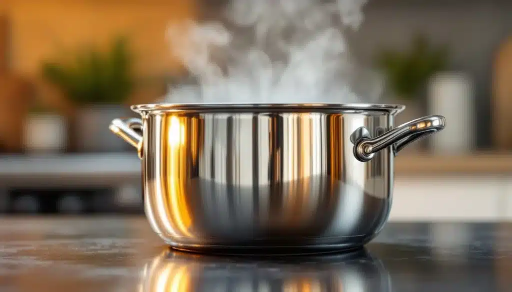 Casserole en inox avec vapeur, cuisine moderne.