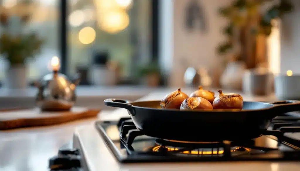 Oignons rôtis dans une poêle en cuisine.
