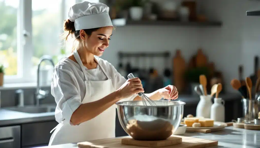Chef préparant une recette en cuisine lumineuse.