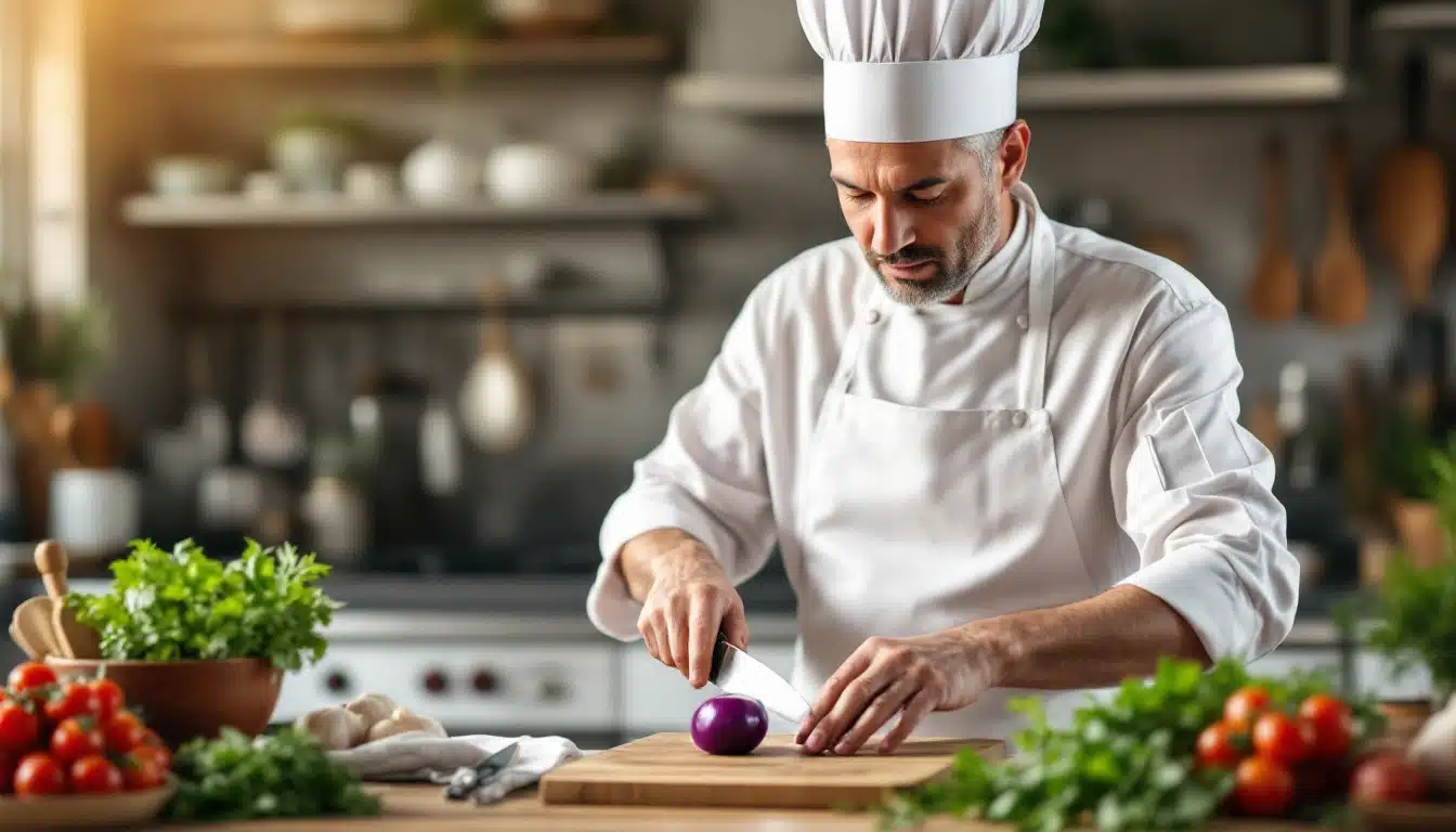 Chef cuisinier découpant un oignon dans une cuisine.