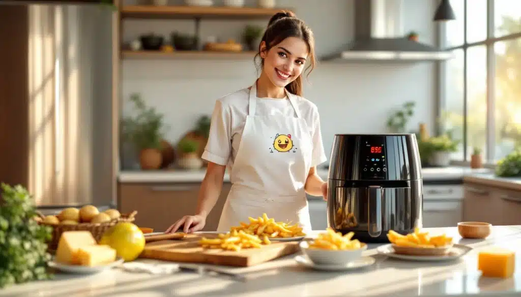 Femme cuisinant des frites à l'airfryer dans cuisine moderne.